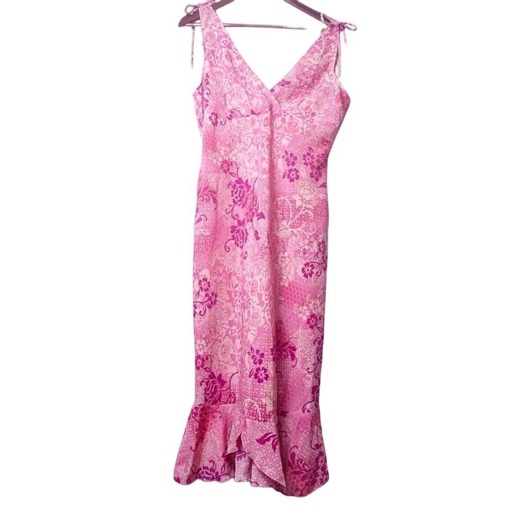 Vintage Pink Floral Sleeveless Ruffle Hem Midi Dress Women’s Size Medium - Picture 1 of 14